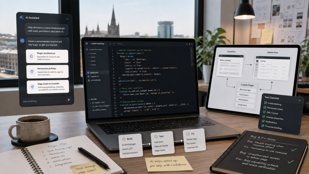 AI Assistant helping structure a custom WordPress plugin with roles and permissions